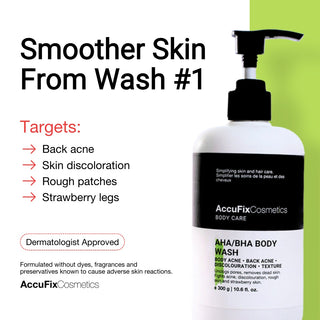 AHA/BHA Body Wash for body acne, discoloration, strawberry skin and rough patches.