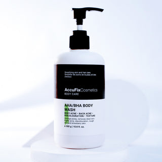 AccuFix Cosmetics AHA/BHA Body Wash — clinically proven to reduce back acne, discoloration, and rough patches for clear, glowing skin.
