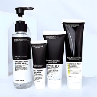 AccuFix Comedonal Acne Routine featuring Salicylic Acid Cleanser, Crème B3-B5-E, Daily Defence SPF 30+, and Gentle Foaming Gel Face Wash