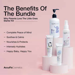 AccuFix Littles Baby Care Bundle with diaper rash cream, shampoo, massage oil & lotion — gentle skincare for happy babies.