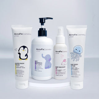 AccuFix Littles Baby Care Bundle with diaper rash cream, body wash, massage oil & body lotion for gentle newborn skincare.