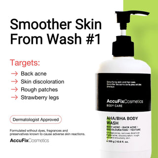 AHA/BHA Body Wash for body acne, discoloration, strawberry skin and rough patches. 