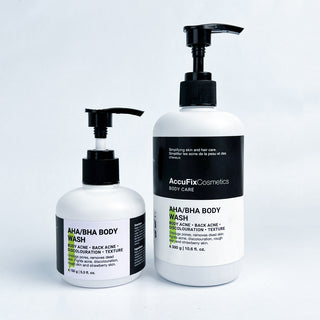 AccuFix AHA/BHA Body Wash — best exfoliating body wash to treat body acne, discoloration, and strawberry skin.