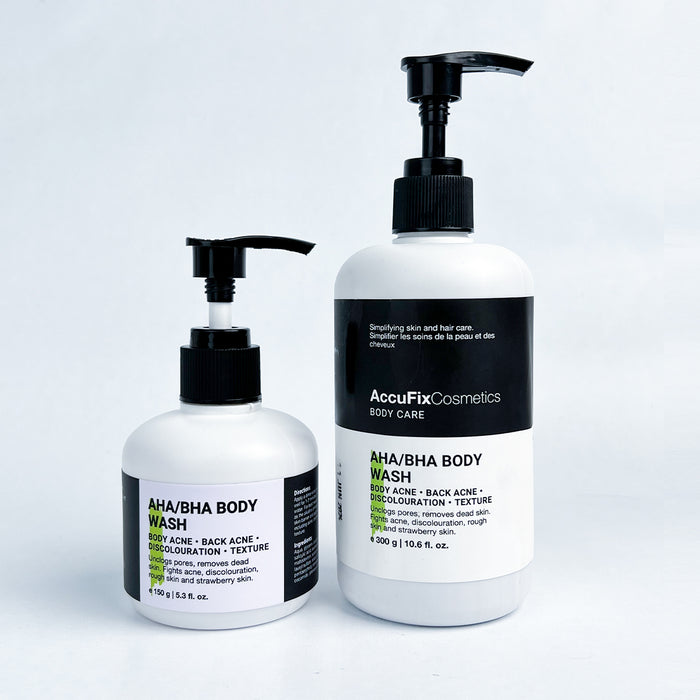 AccuFix AHA/BHA Body Wash — best exfoliating body wash to treat body acne, discoloration, and strawberry skin.