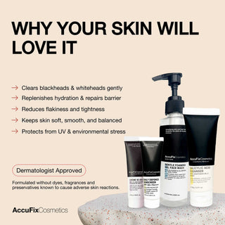 AccuFix skincare products for dry, comedonal acne—clears blackheads, hydrates, repairs barrier, and protects from UV damage.
